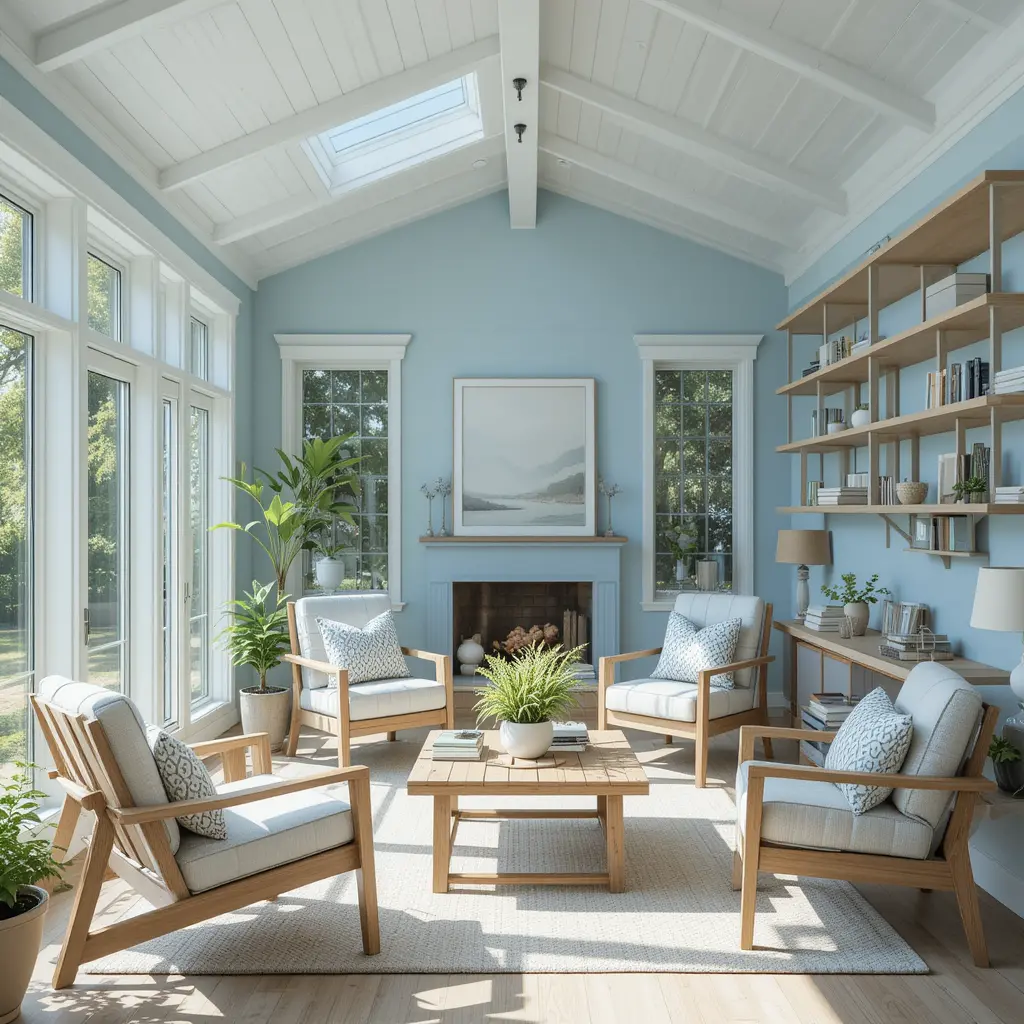 Soft Blue Walls with Light Wooden Accents