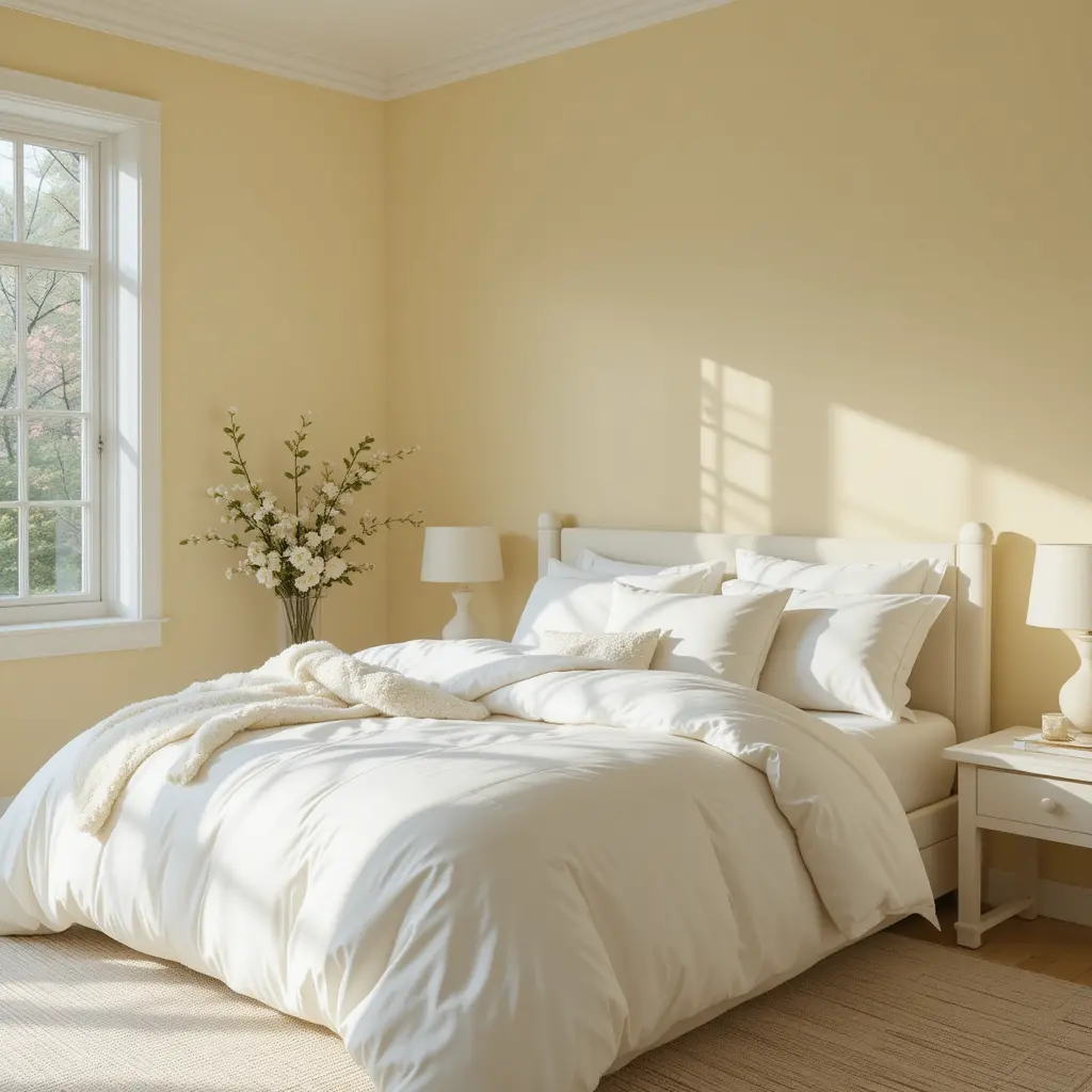 Soft Butter Yellow Walls with White Bedding