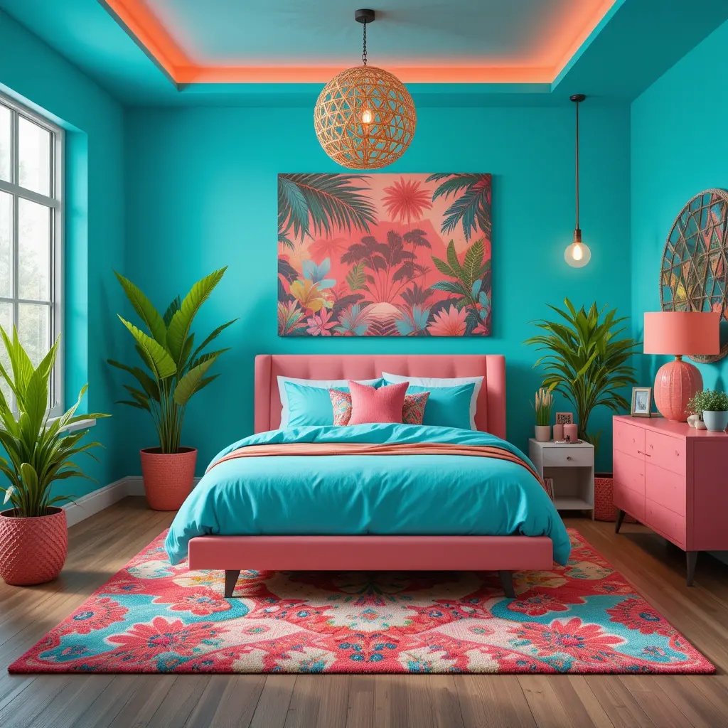 Turquoise and Coral Bedroom