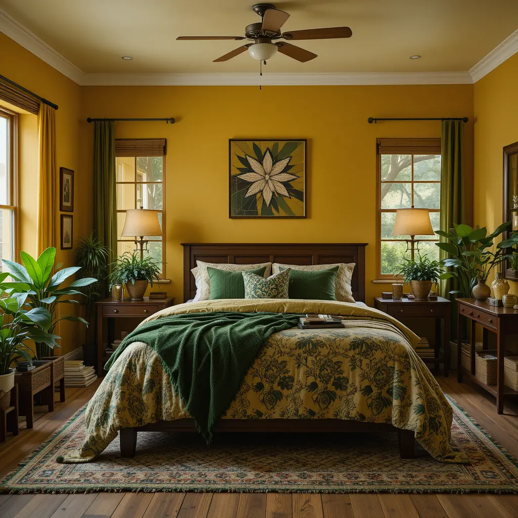Warm Honey Yellow Walls with Deep Green Accents