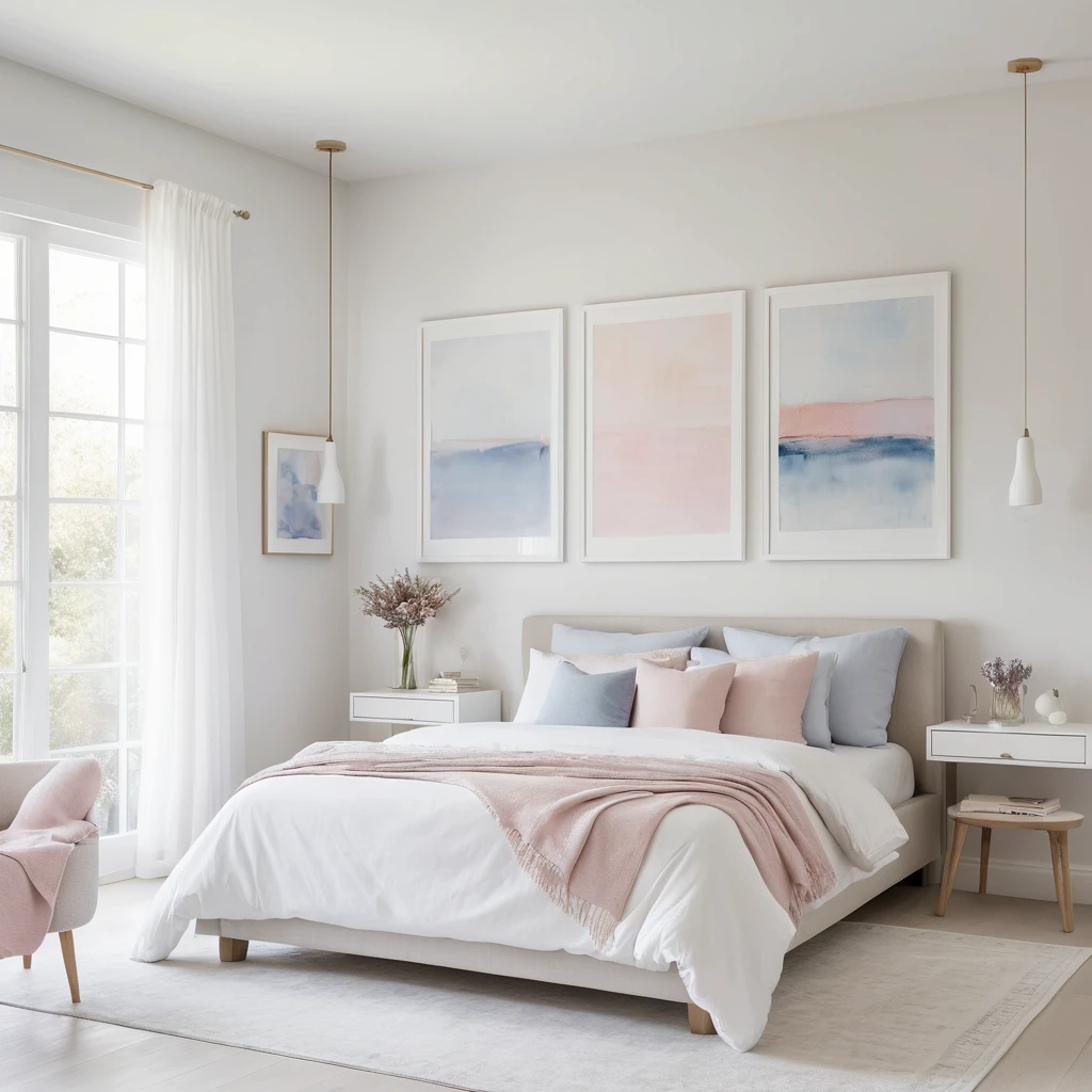 White Bedroom with Pastel Artwork