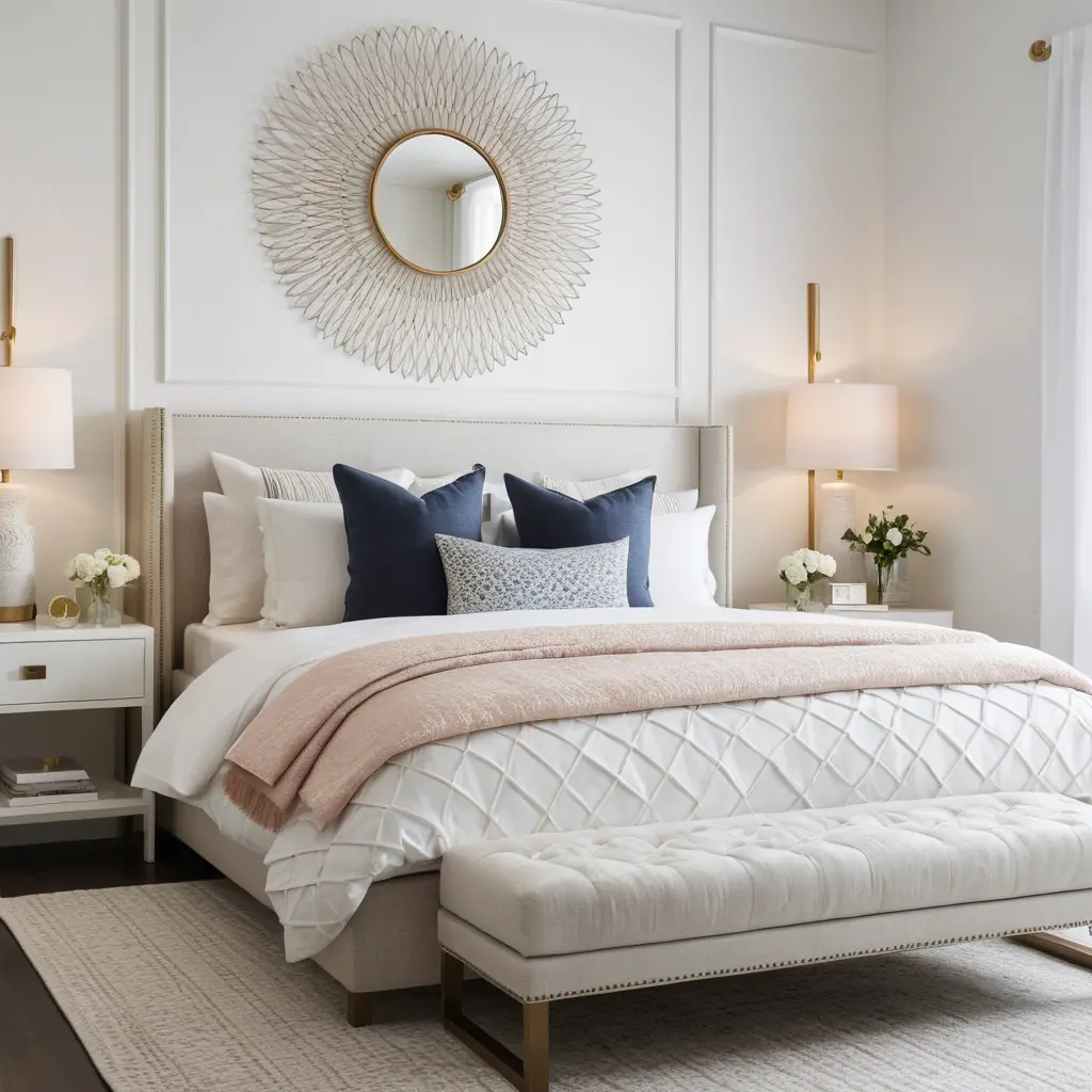 White Bedroom with Patterned Pillows