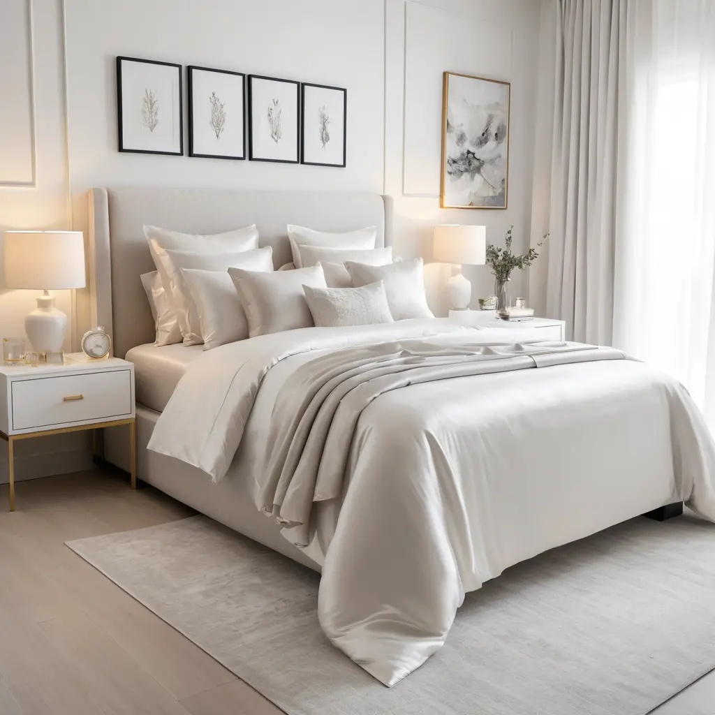 White Bedroom with Silk Bedding