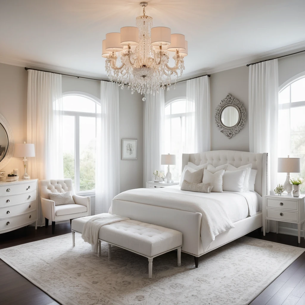 White Bedroom with Statement Lighting