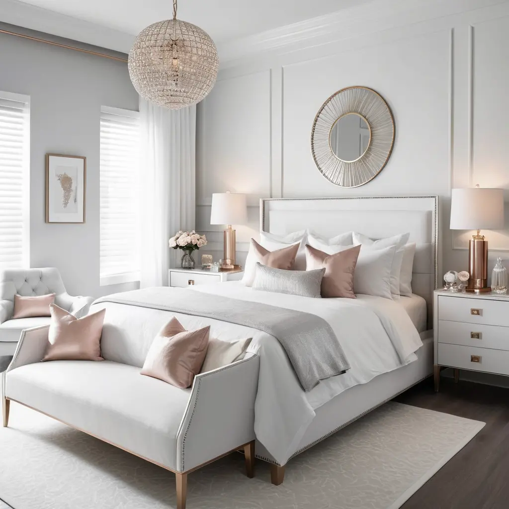 White Bedroom with a Touch of Metallic