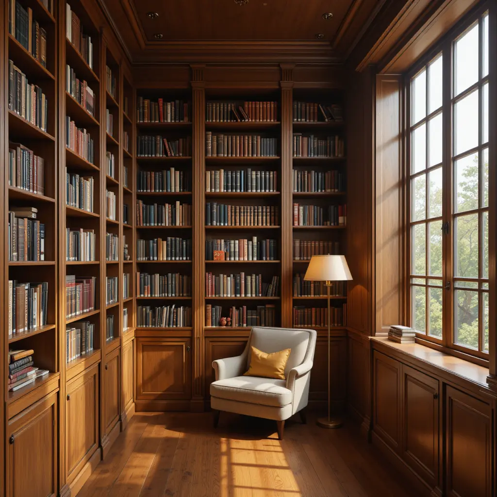 Wooden Floor-to-Ceiling Bookshelves