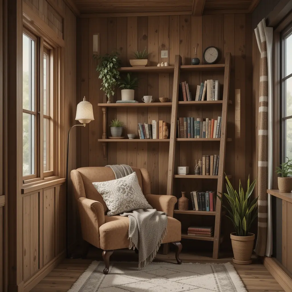 Wooden Ladder Shelf with Seating