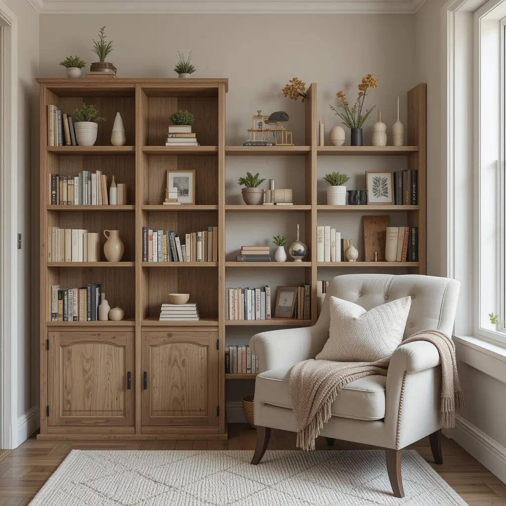 Wooden Shelving Unit with Cozy Armchair