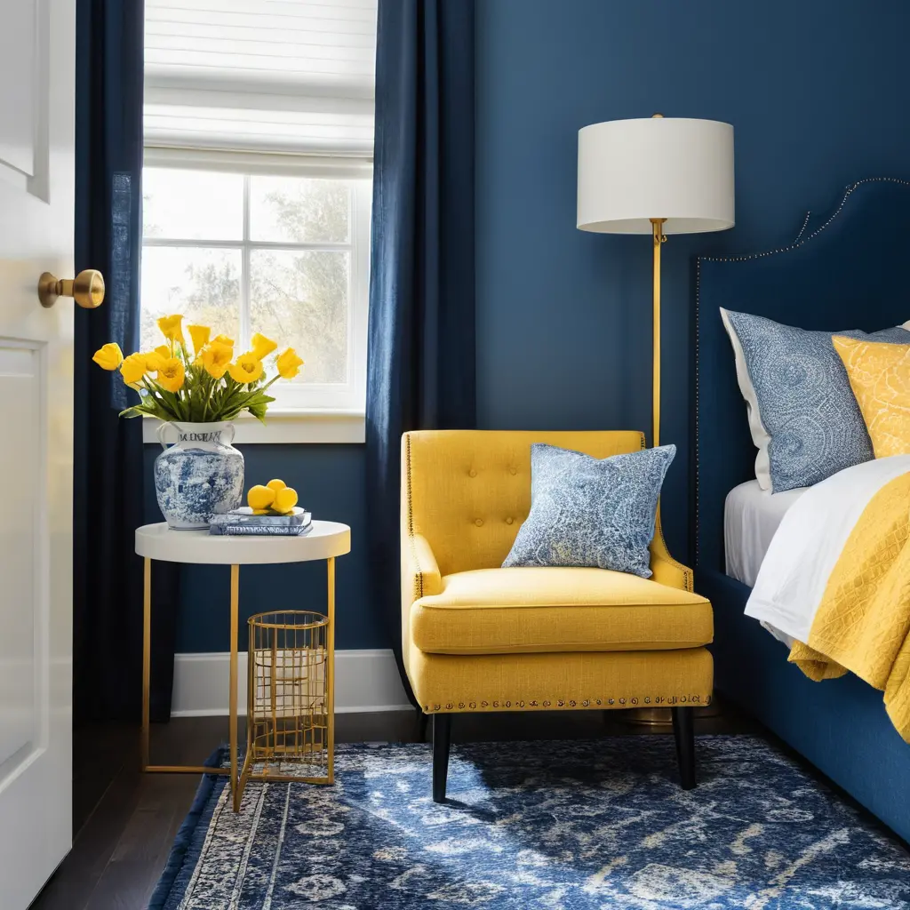 Yellow Accent Chair with Blue Decor