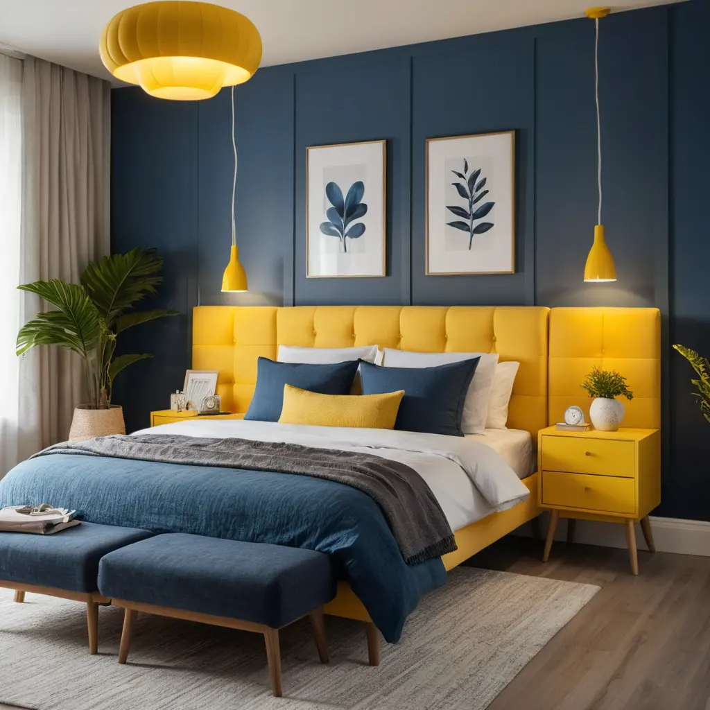Yellow Bedside Lamps with Blue Bedding
