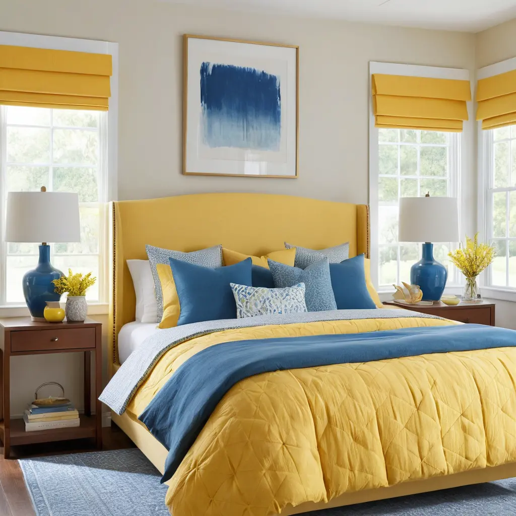 Yellow Comforter with Blue Throw Pillows