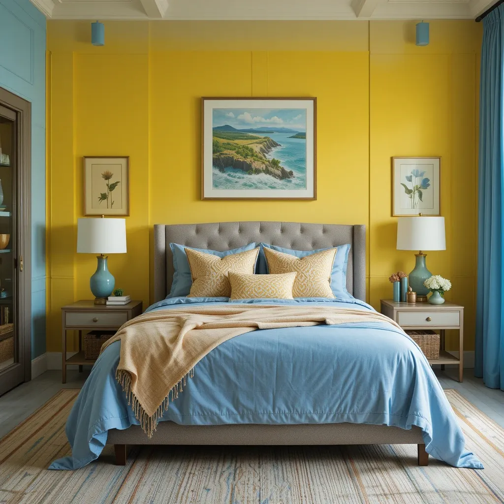 Yellow Feature Wall with Blue Bedding