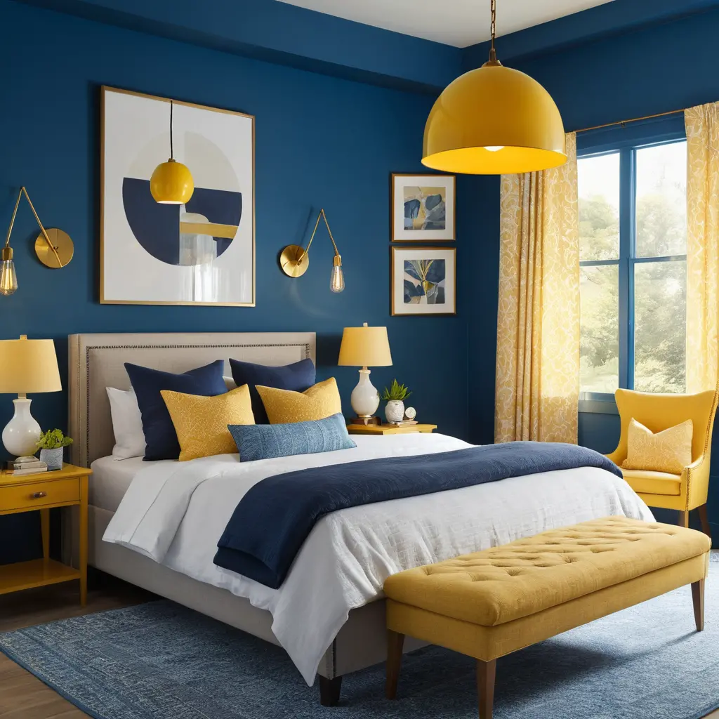 Yellow Lighting Fixtures with Blue Walls