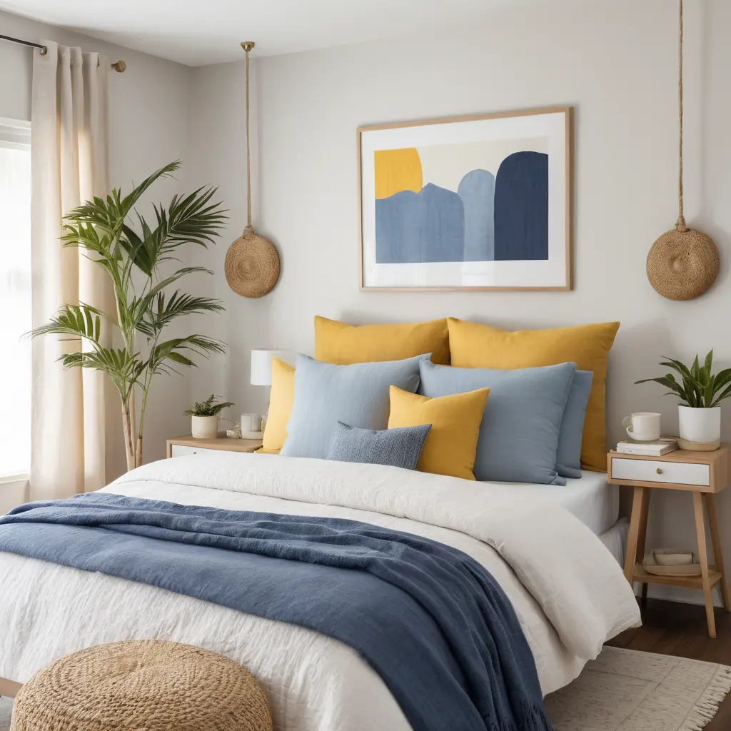 Yellow Throw Pillows on a Blue Bed