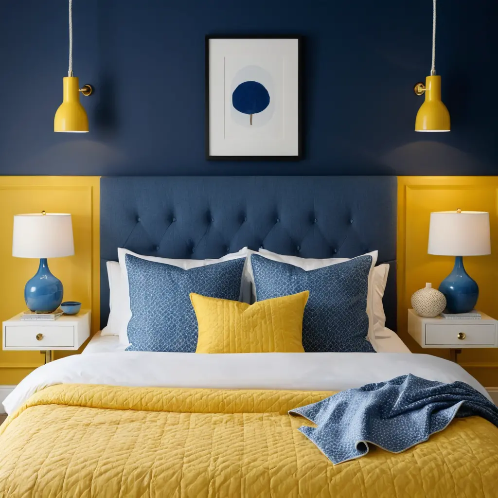 Yellow Wall Lamps with Blue Bedding