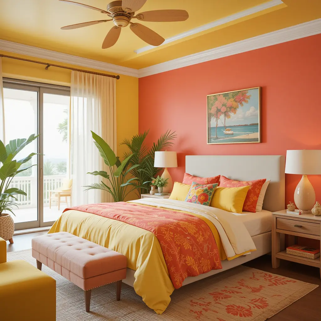 Yellow and Coral Bedroom Design