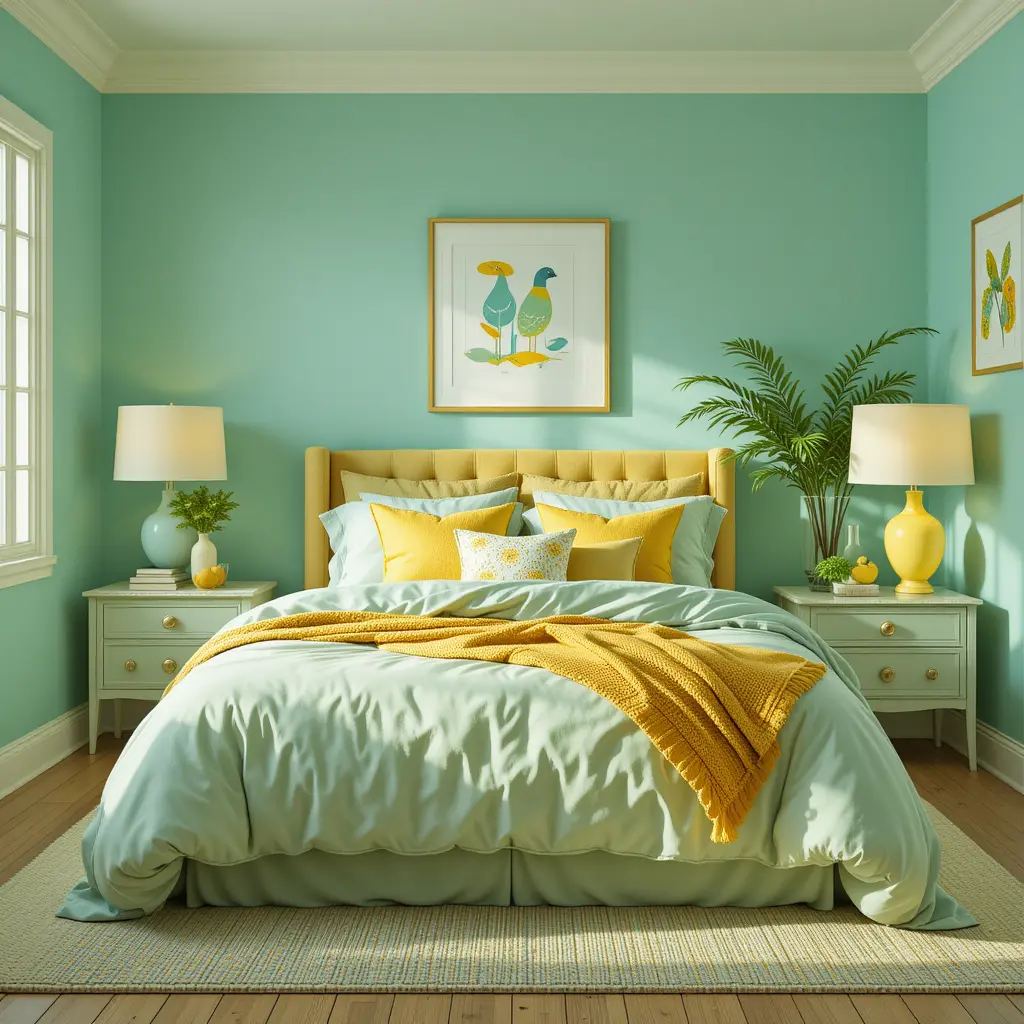 Yellow and Mint Green Bedroom Design