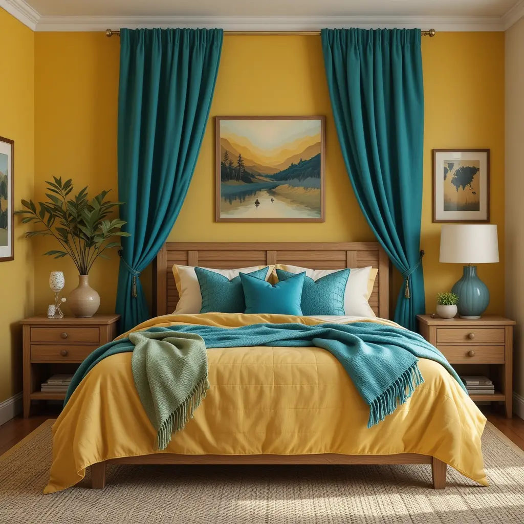 Yellow with Teal and Wood Accents