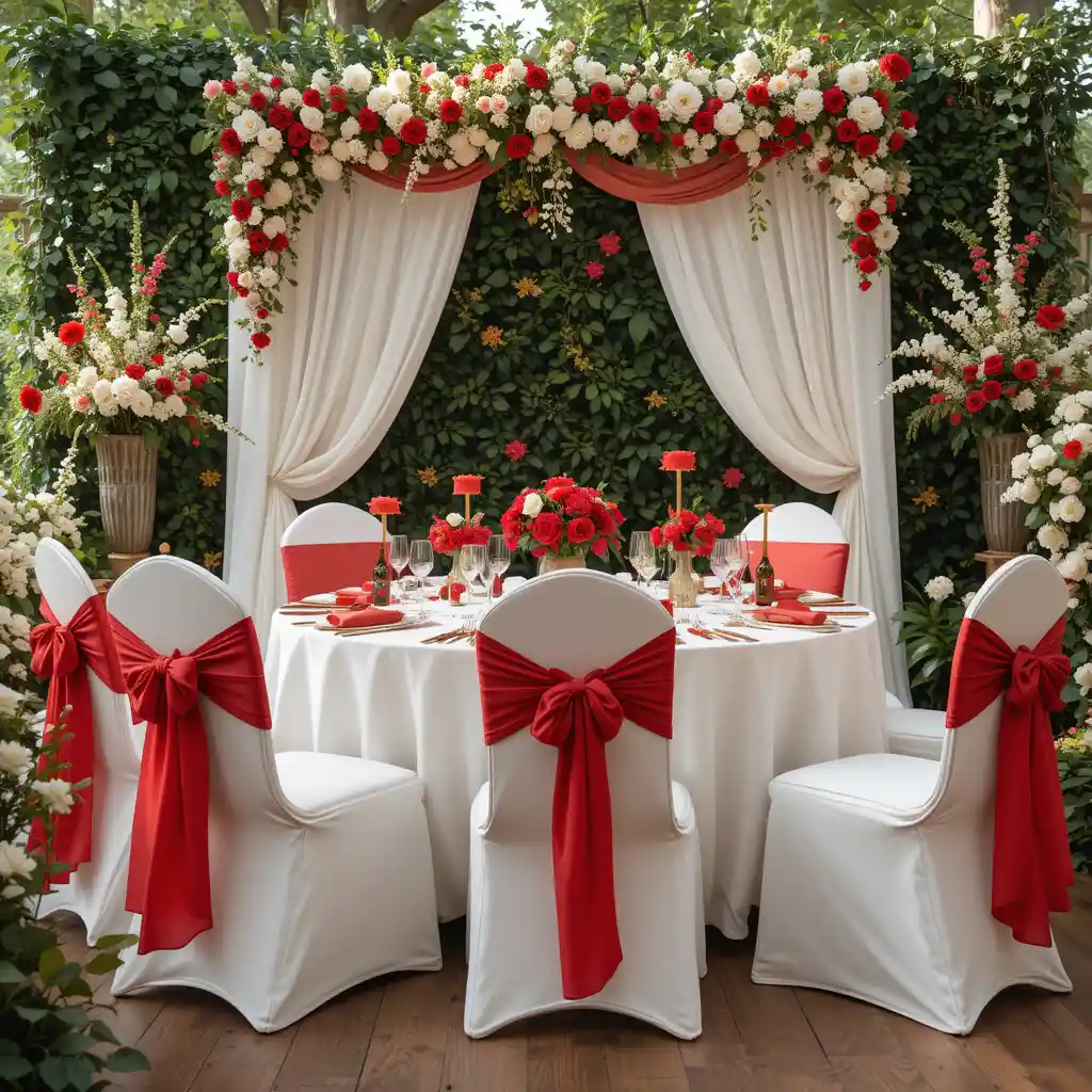 Red and White Wedding Chair Covers and Sashes