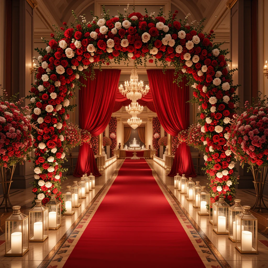 Red and White Wedding Decor at the Reception Entrance