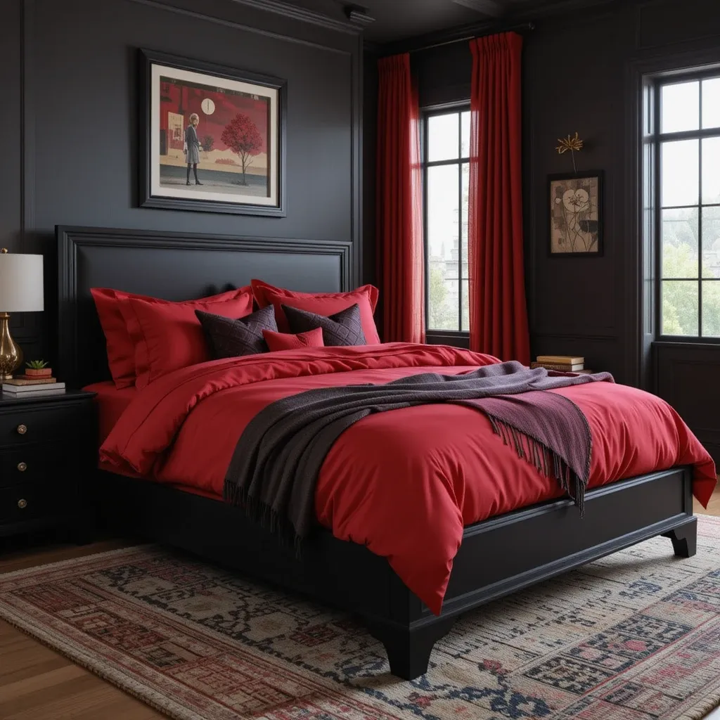 Black Bed Frame with Red Bedding