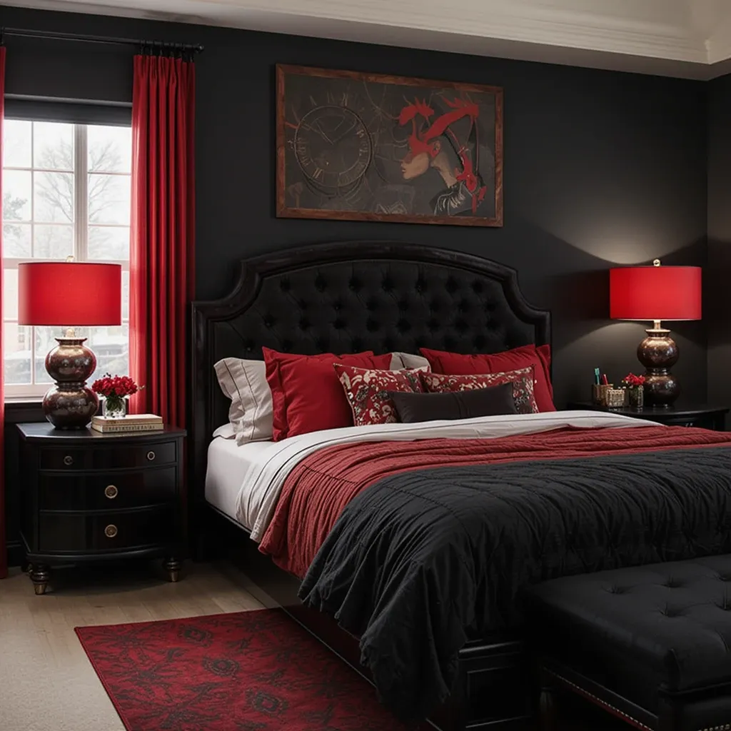 Black Furniture with Red Bedside Lamps