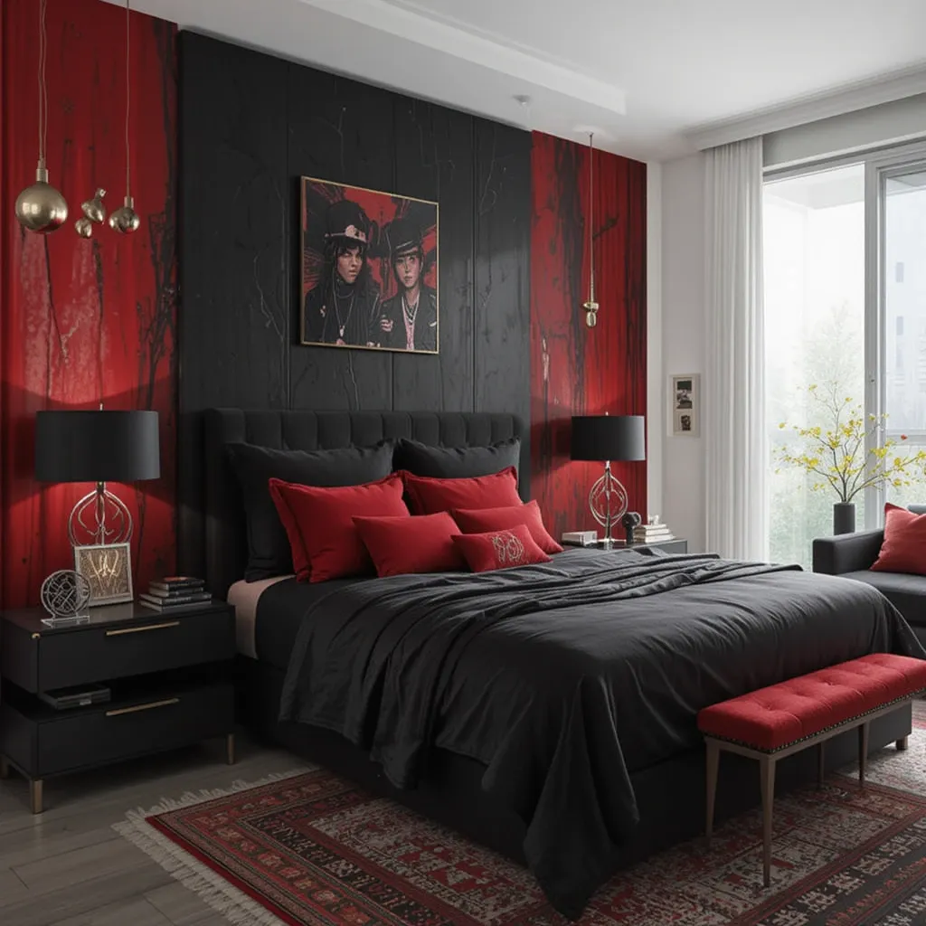 Black Furniture with Red Pillows