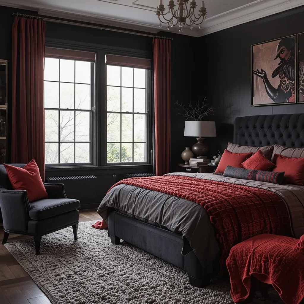 Black Furniture with Red Throws