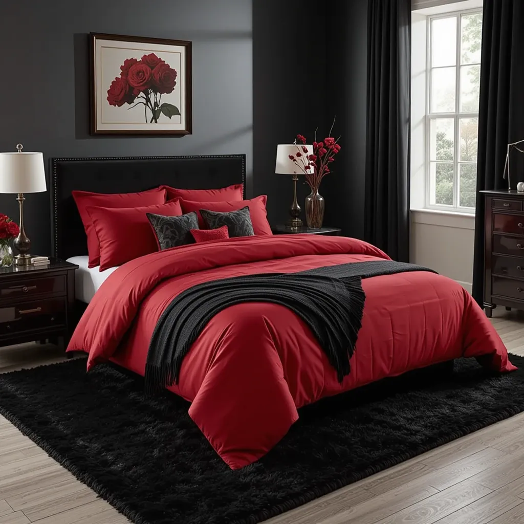 Black Rugs with Red Bedding