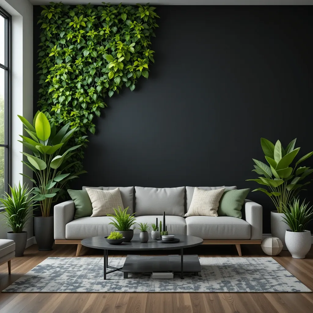 Black Wall with Bright Green Plants