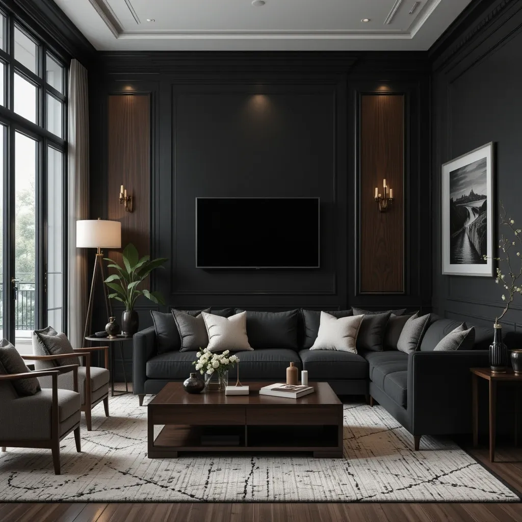 Black Wall with Dark Wood Furniture