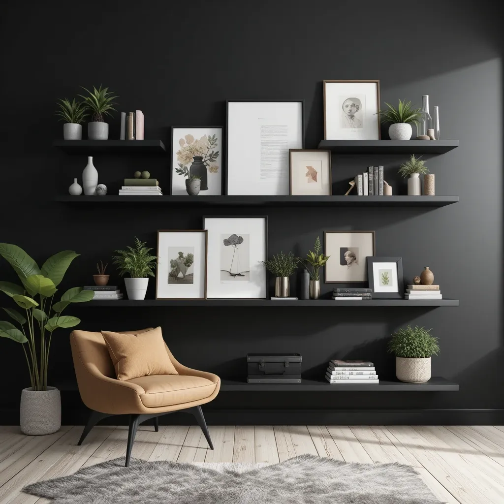 Black Wall with Floating Shelves