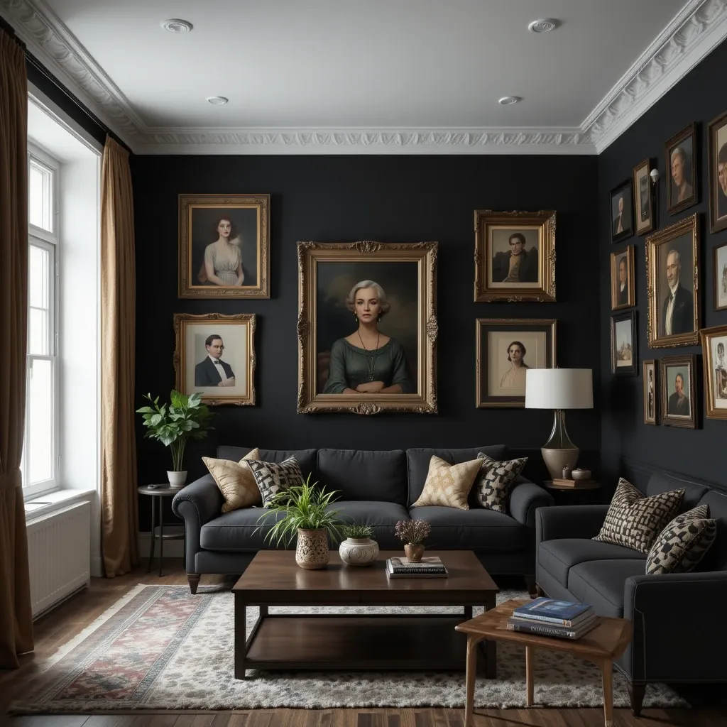 Black Wall with Vintage Frames