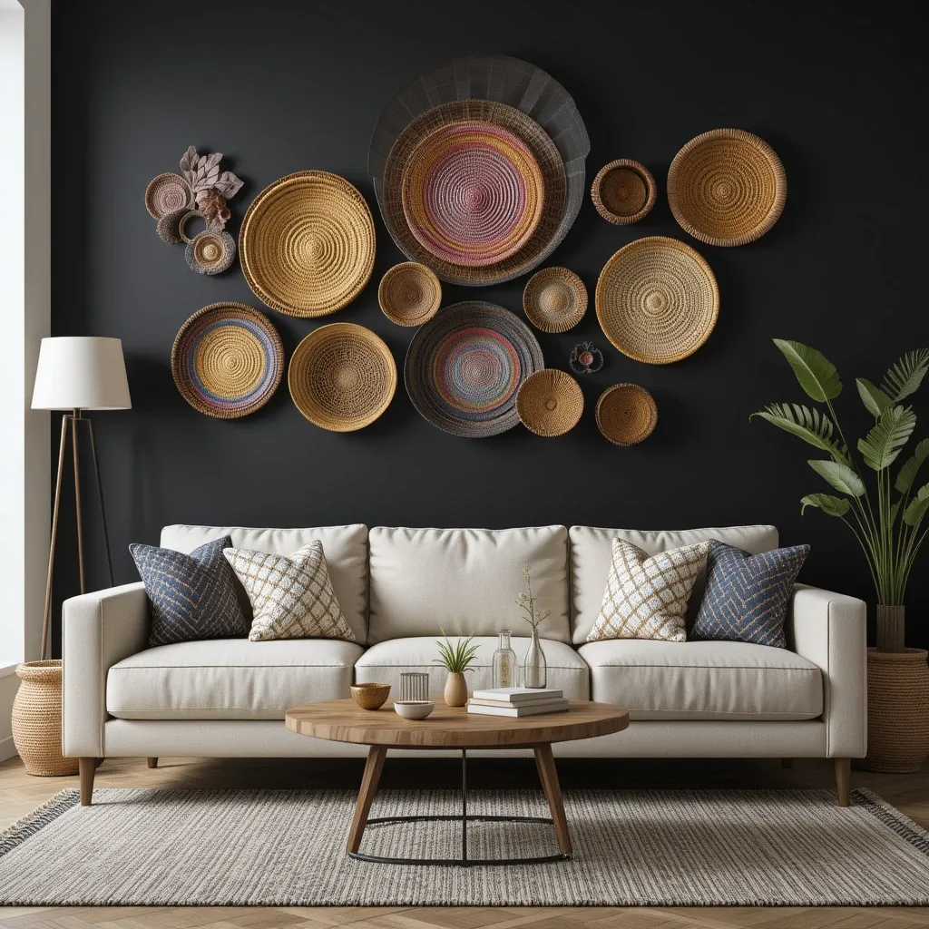 Black Wall with Woven Baskets