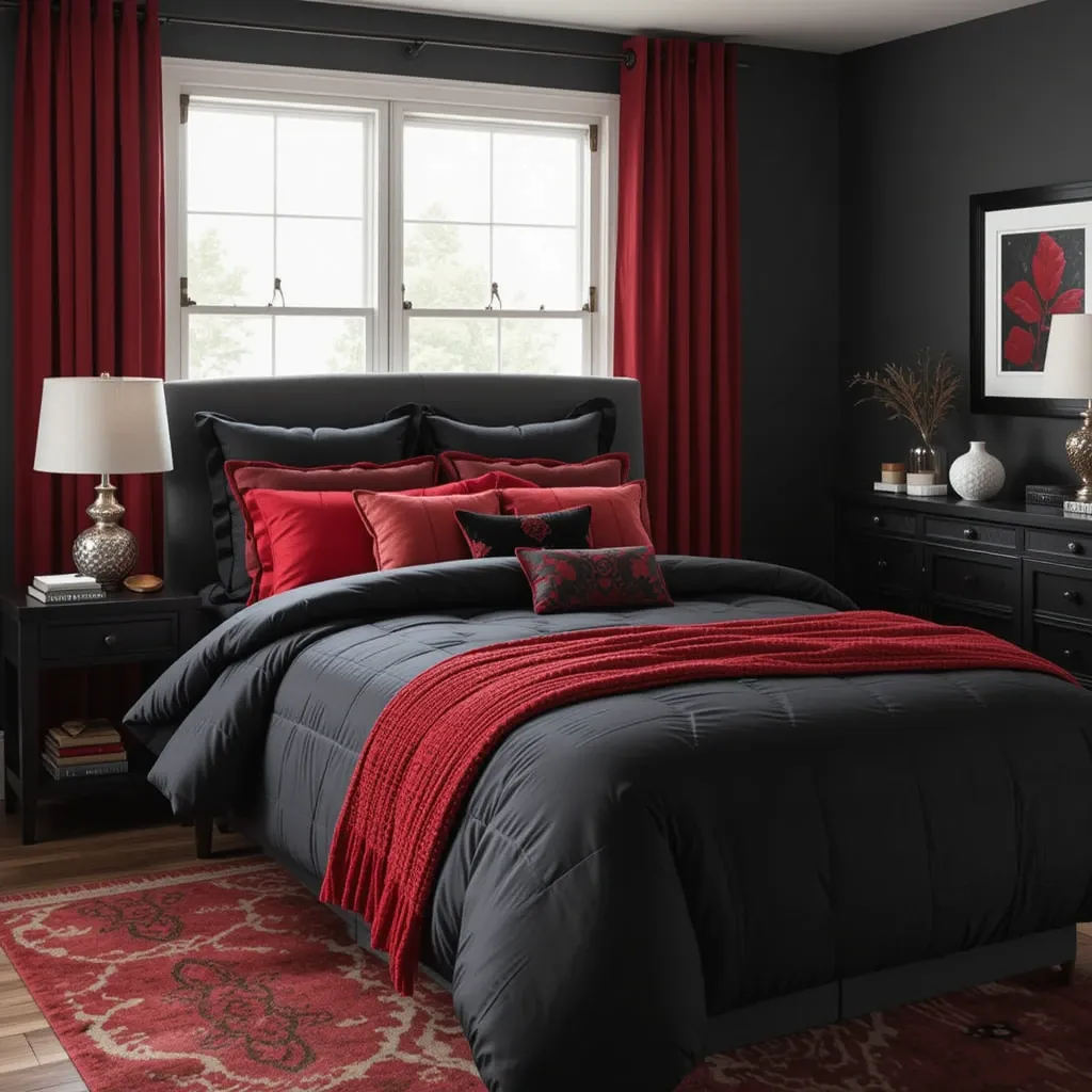 Red Accent Pillows with Black Comforter
