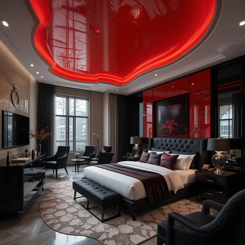 Red Ceiling with Black Furniture