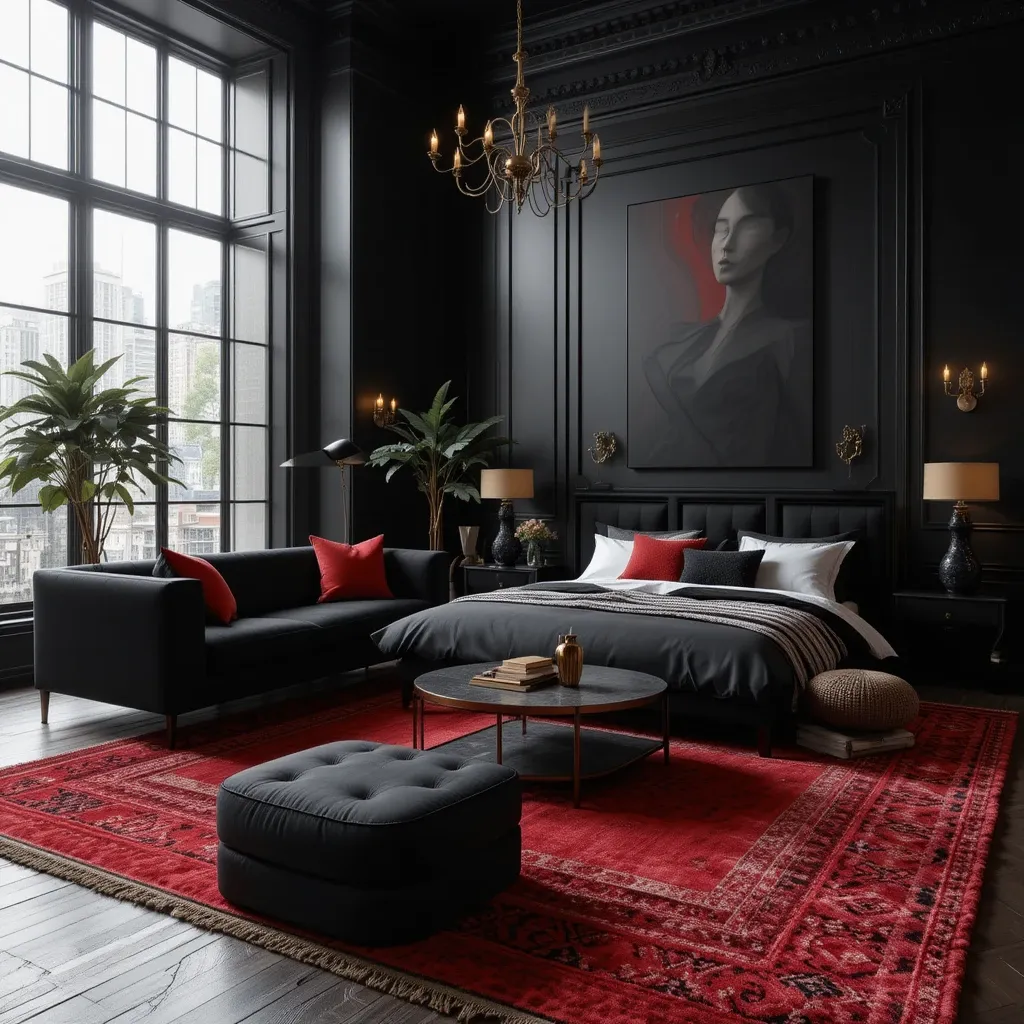 Red Rug with Black Sofa