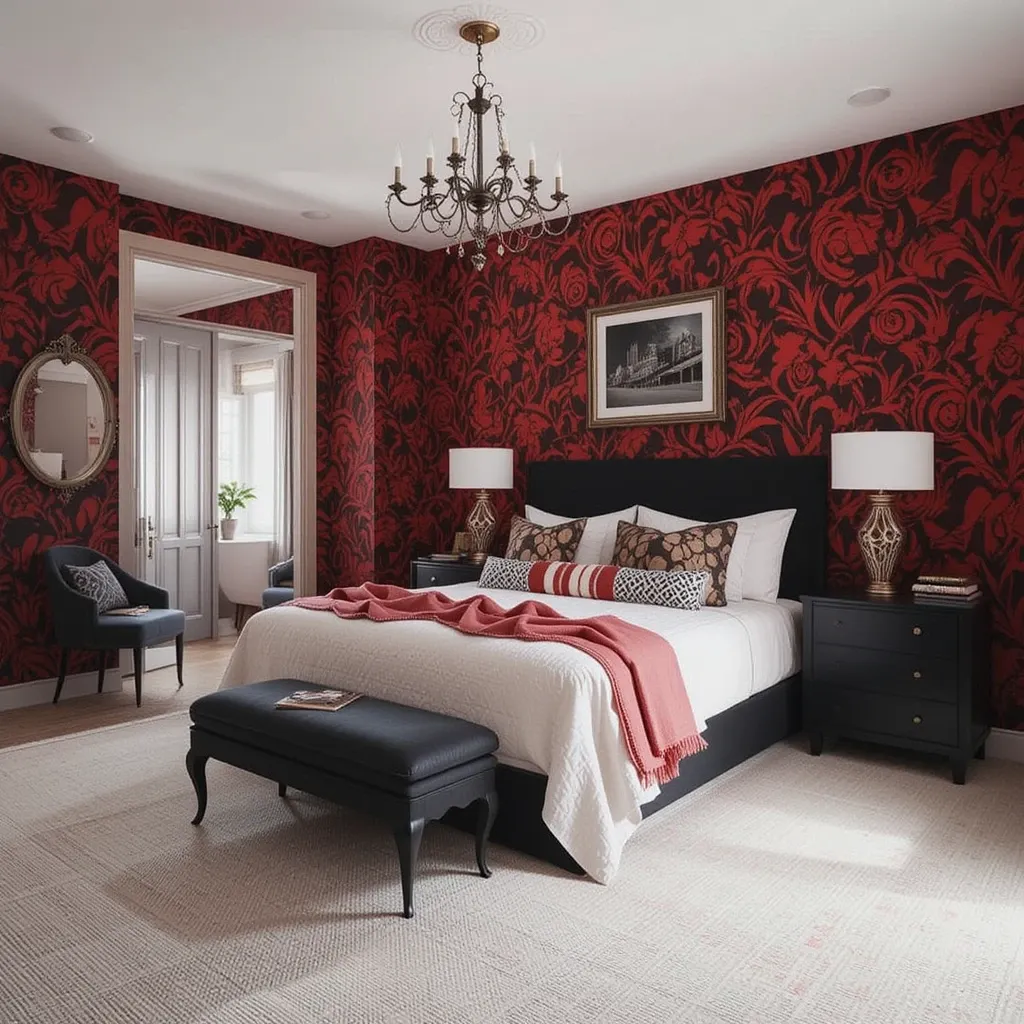 Red Wallpaper with Black Furniture