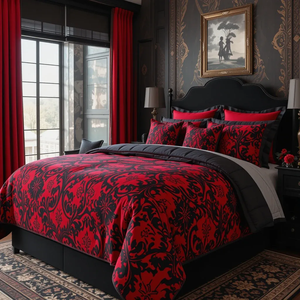 Red and Black Damask Bedding