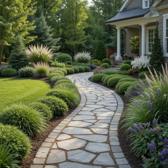 Curved Stone Walkway with Lush Borders