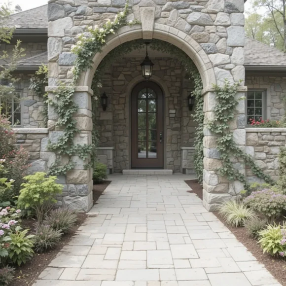Grand Stone Archway with Paver Path