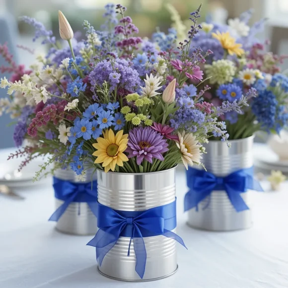 Blue Ribbon-Wrapped Floral Cans