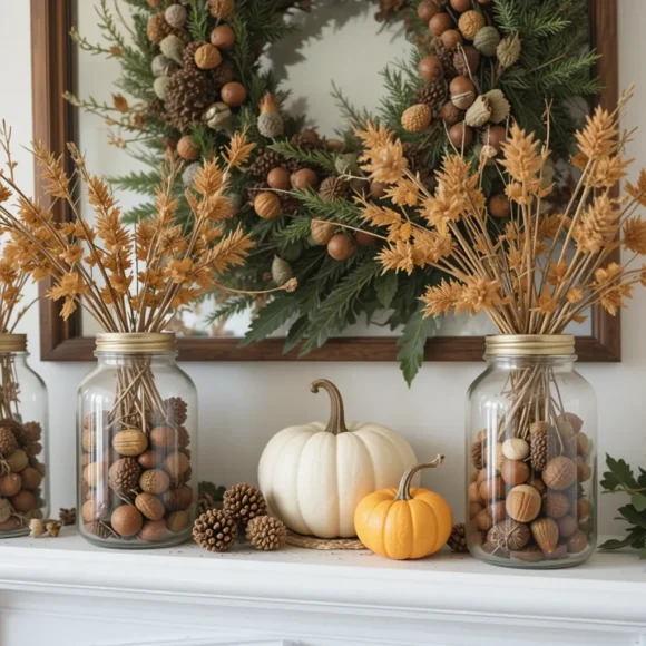 Acorns and Pinecones in Glass Jars