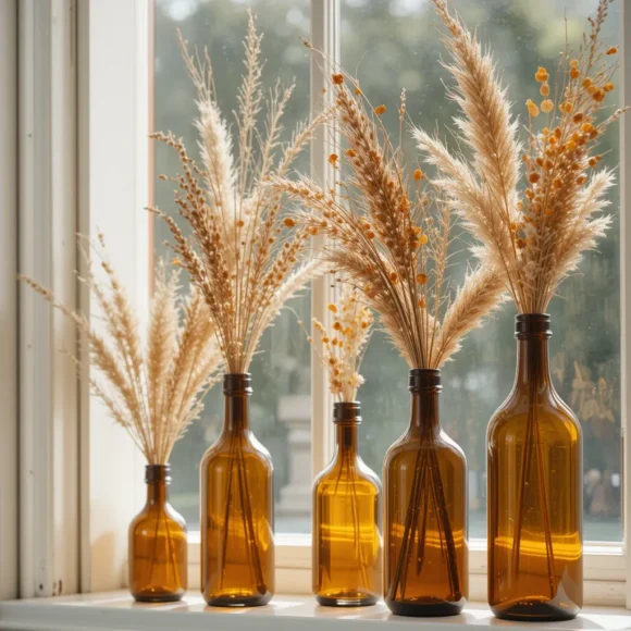Amber Glass Bottles with Fall Sprigs