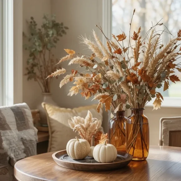 Amber Glass Vases with Fall Stems