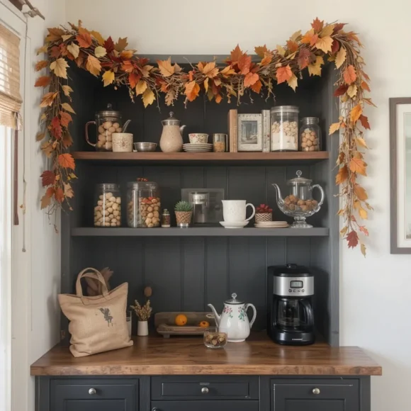 Autumn Leaf Garland Above Coffee Bar