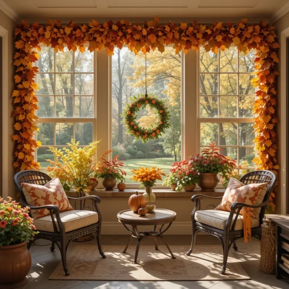 Autumn Leaf Garland Around Windows