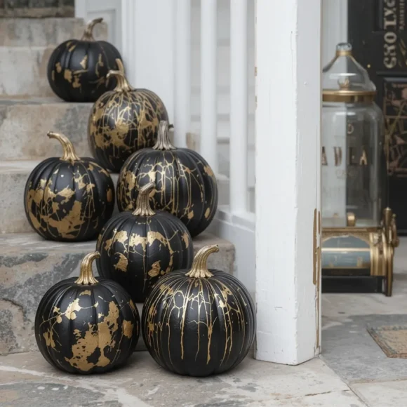 Black Pumpkins with Metallic Gold Leaf