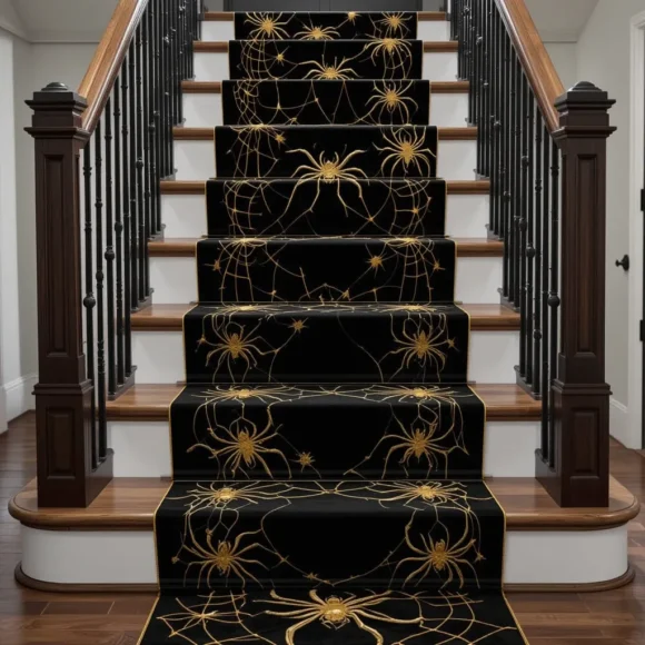 Black Staircase Runner with Gold Spider Motifs