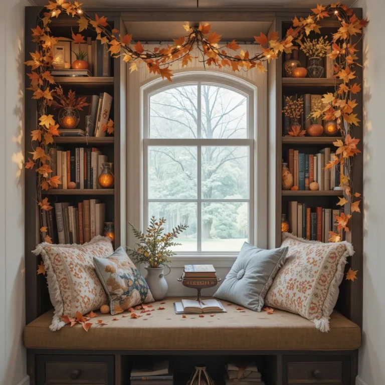 Bookshelf with Autumn-Themed Decor